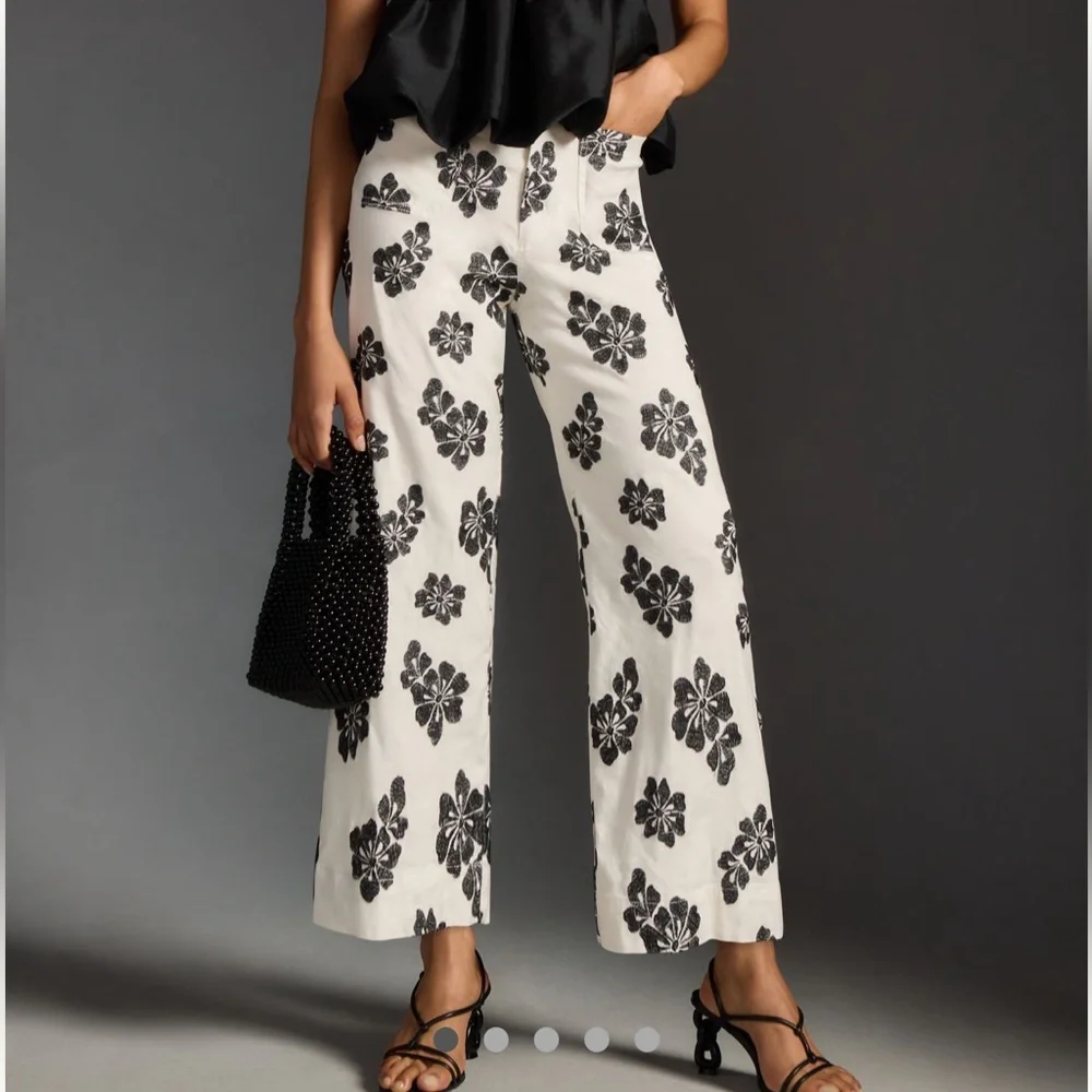 Maeve White Wide-Leg Floral Print Pants with Black Flowers - Picture 1 of 15
